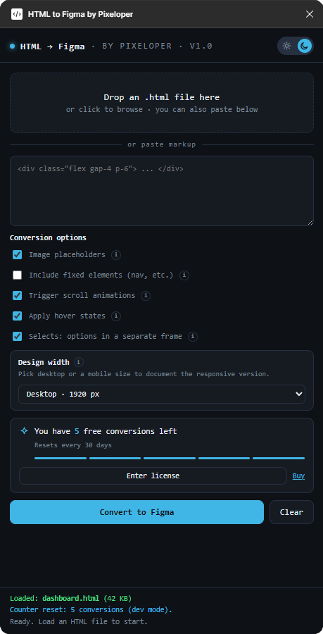 The HTML to Figma plugin in use